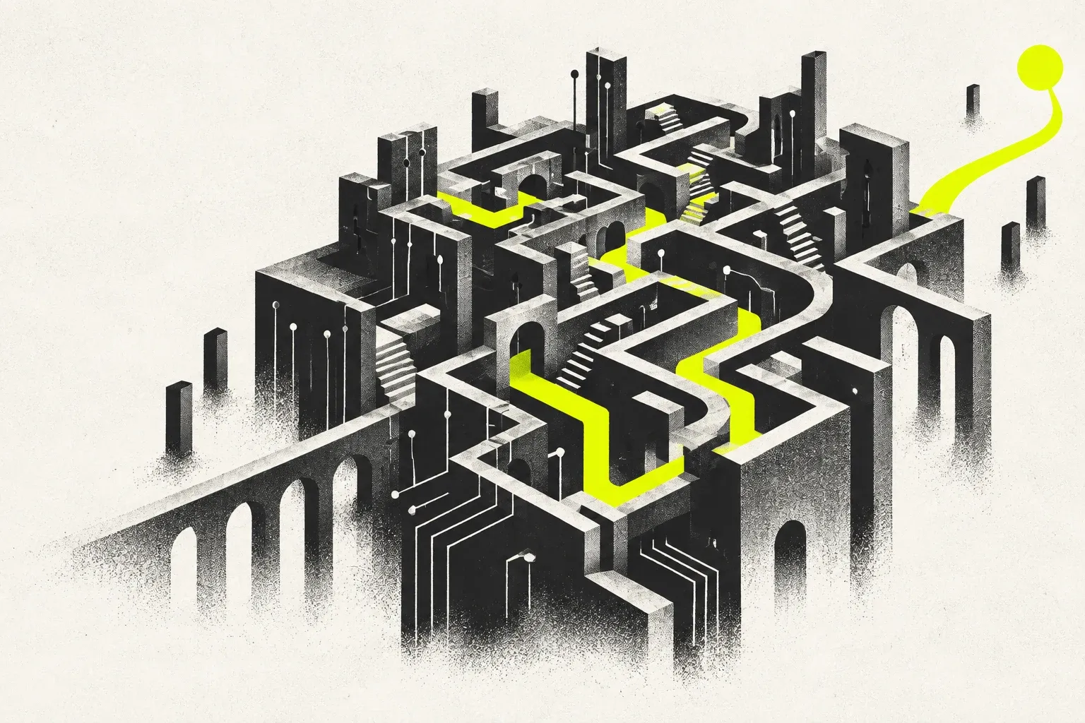 An ink-black labyrinth with a bright yellow path finding its way beyond the walls.